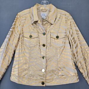 Just B Yellow Gold Metallic Zebra Print Jacket Buttons Long Sleeves Women Size M